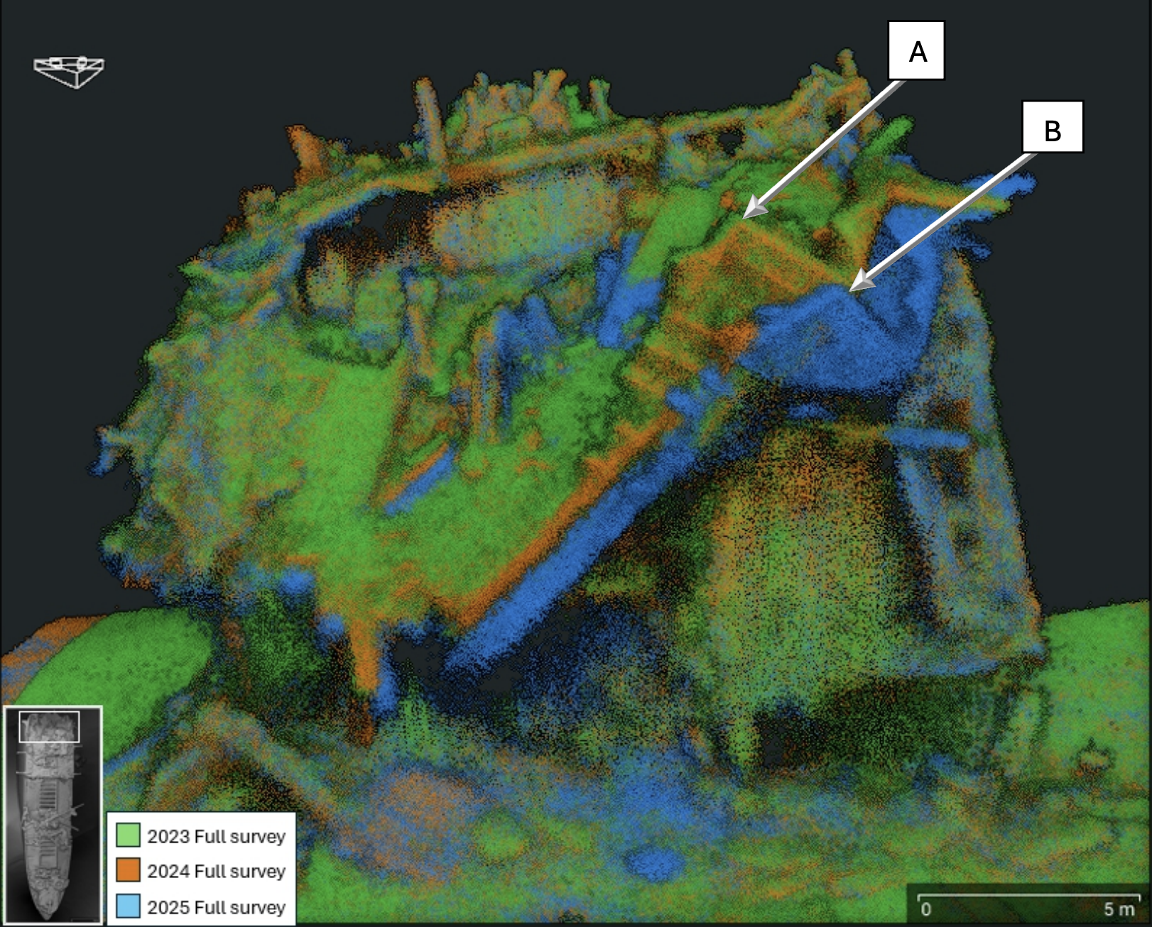 Comparison showing structural collapse on SS Richard Montgomery between the 2024 and 2025 surveys