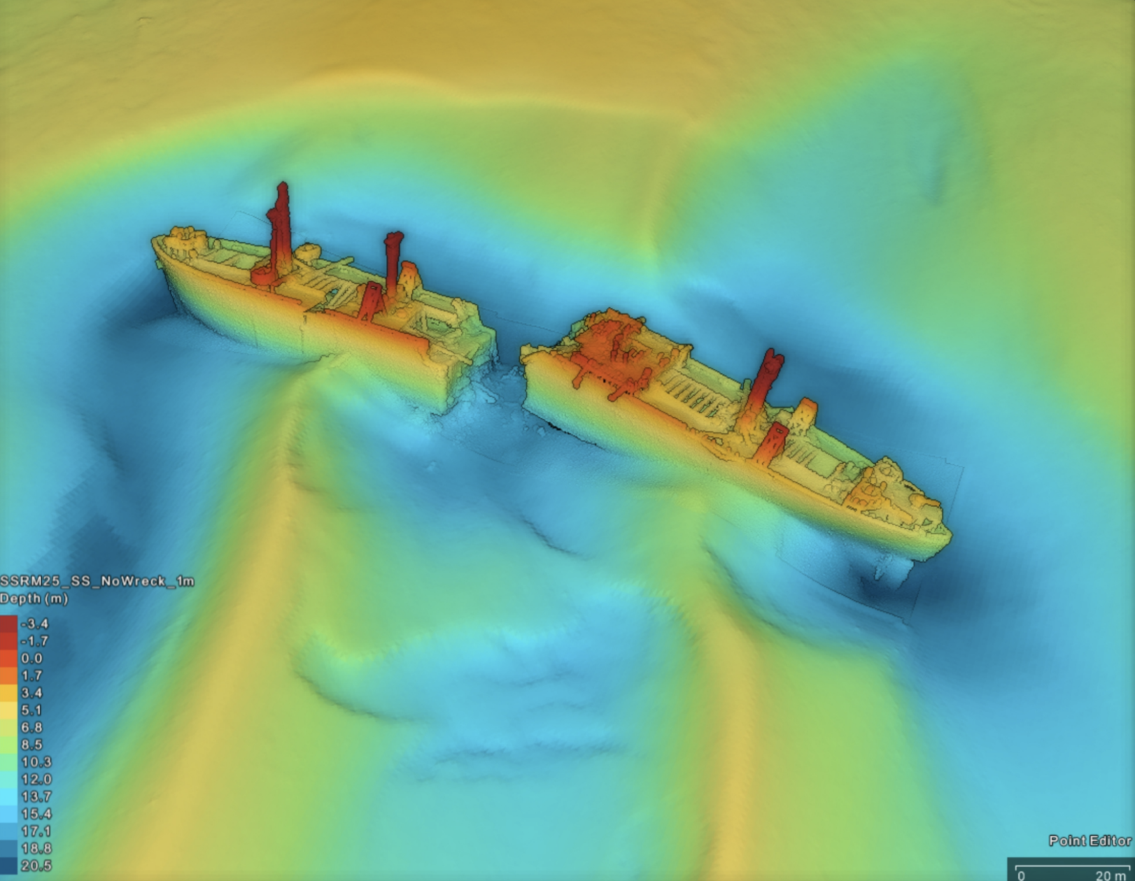 2025 point cloud survey of SS Richard Montgomery showing the two sections of the wreck
