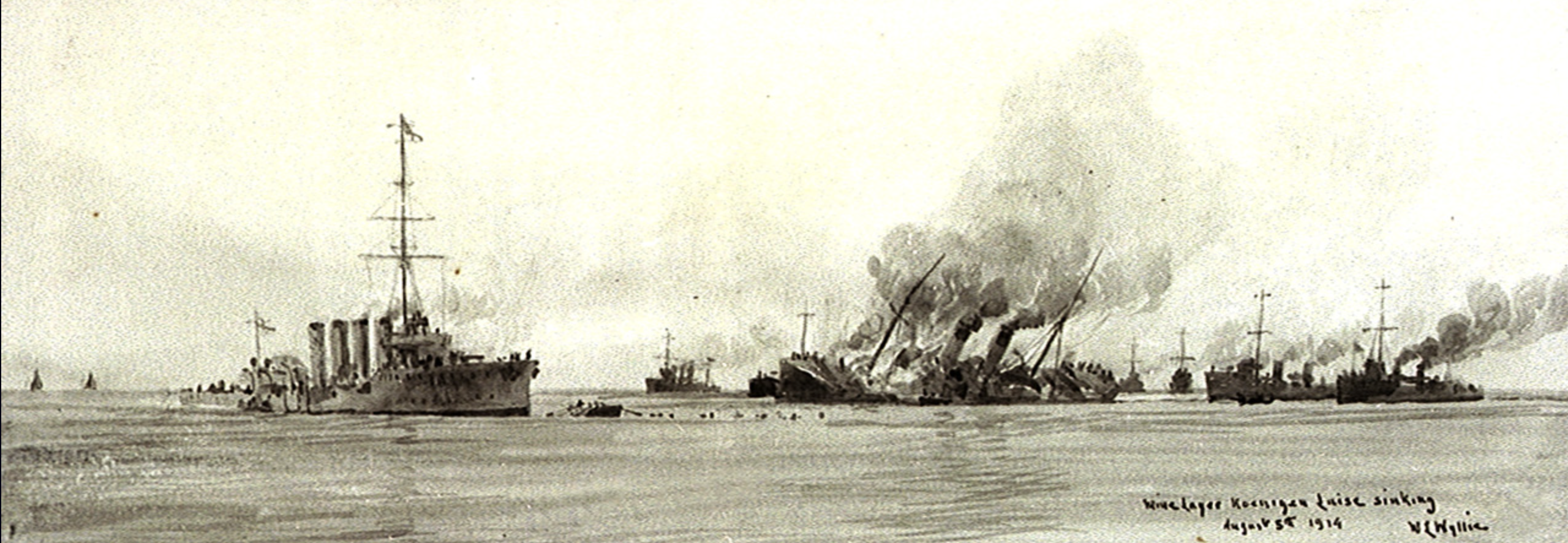 William Lionel Wyllie's drawing of the sinking of the German minelayer Königin Luise on 5 August 1914