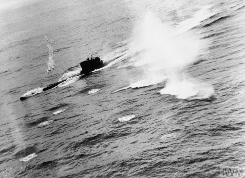 Six depth charges straddling U-625 during the attack by Sunderland EK591 on 10 March 1944