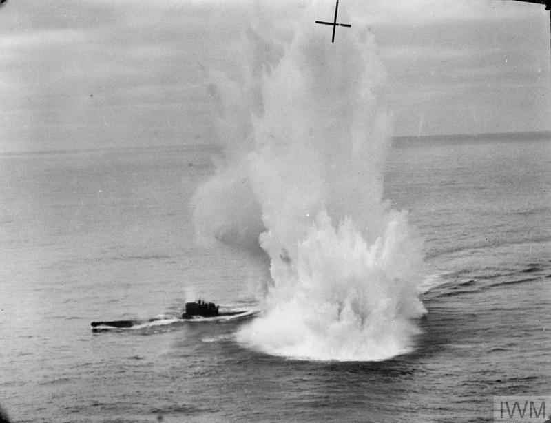 Depth charges exploding around the stern of U-625 during the attack by Sunderland EK591