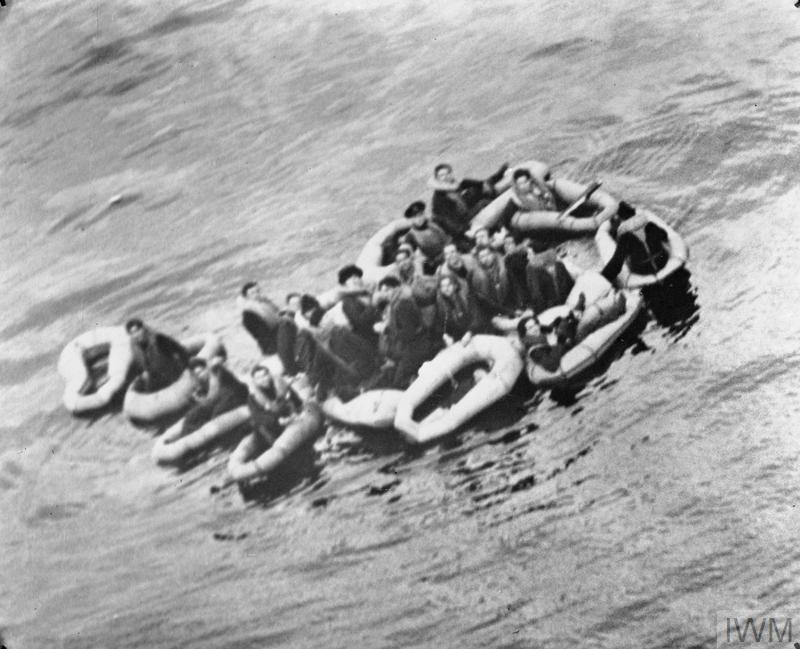 Surviving crew of U-625 bringing their inflatable dinghies together after the submarine sank